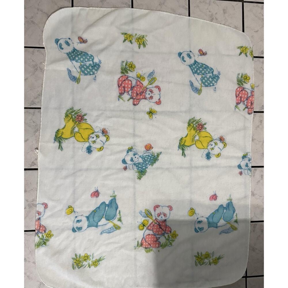 Vintage Fuzzy Panda Teddy Bear Baby Blanket Pink Blue Yellow Flowers